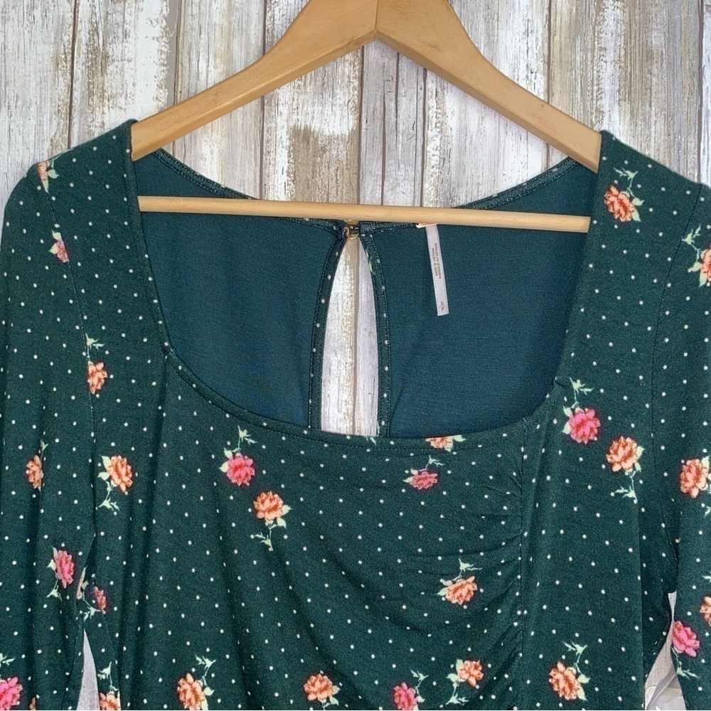 Free People Cecilia Floral Mini Dress Emerald Green Square Neck Ruched Bodycon L - Picture 4 of 9